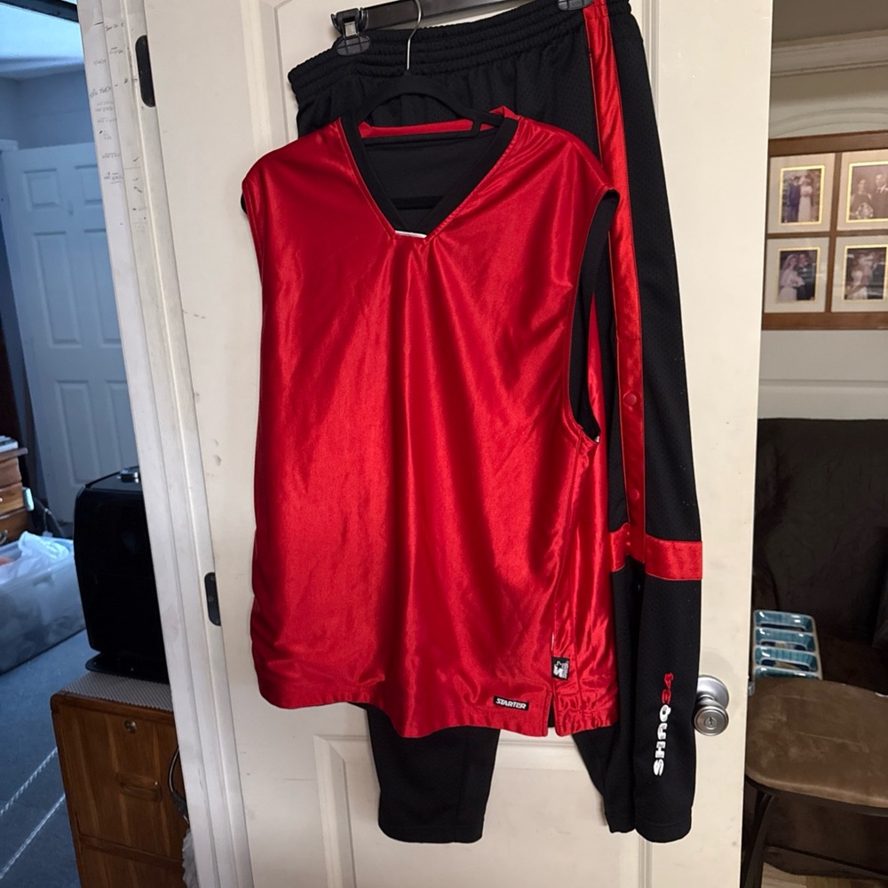 Red Satin Basketball Jersey & Black Red Trim Pants Set Starter Shaq 34